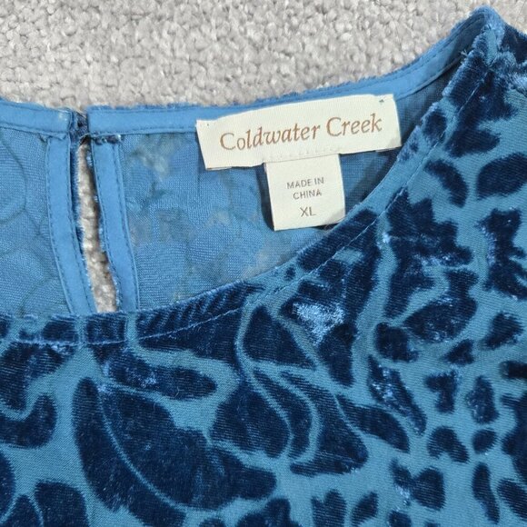 Coldwater Creek Blue Floral Burnout Velvet Sheer Blouse Whimsigoth - Picture 7 of 9